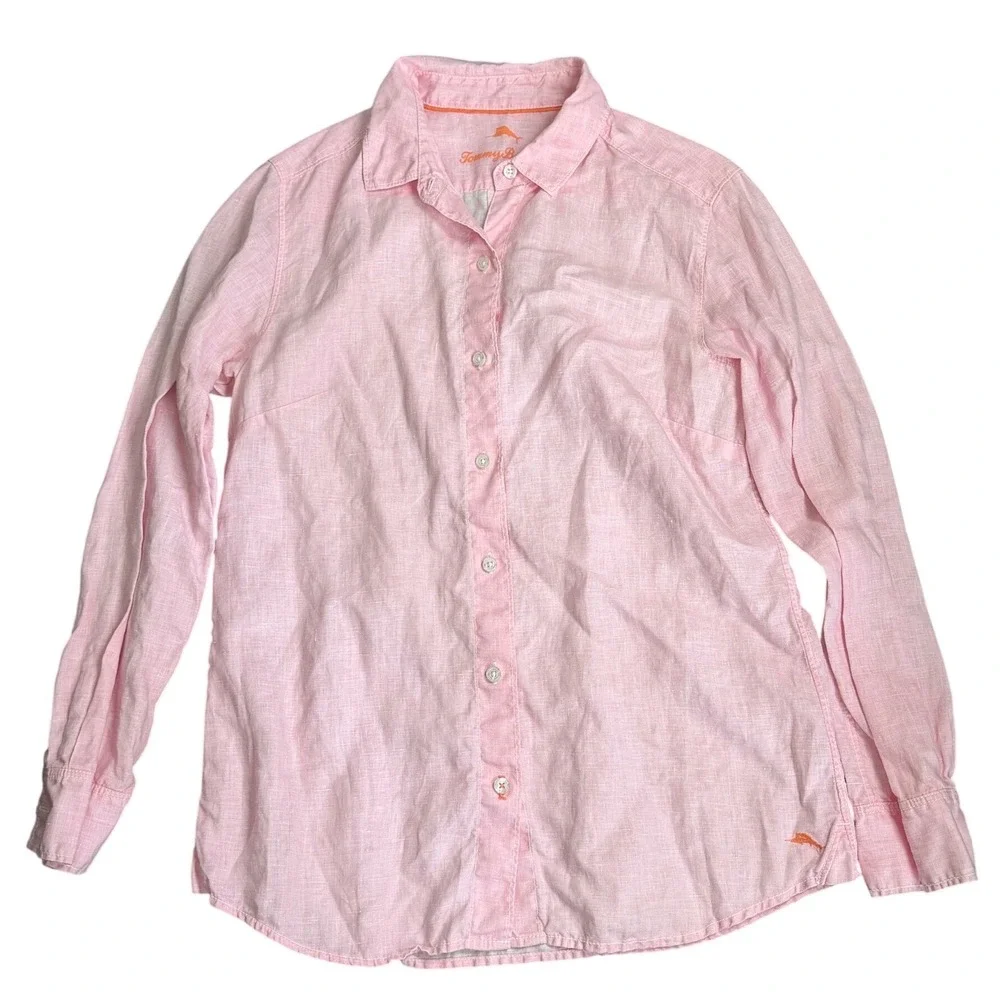 Tommy Bahama Pink Linen Long Sleeve Button Up Shirt Womens Small - Picture 2 of 9